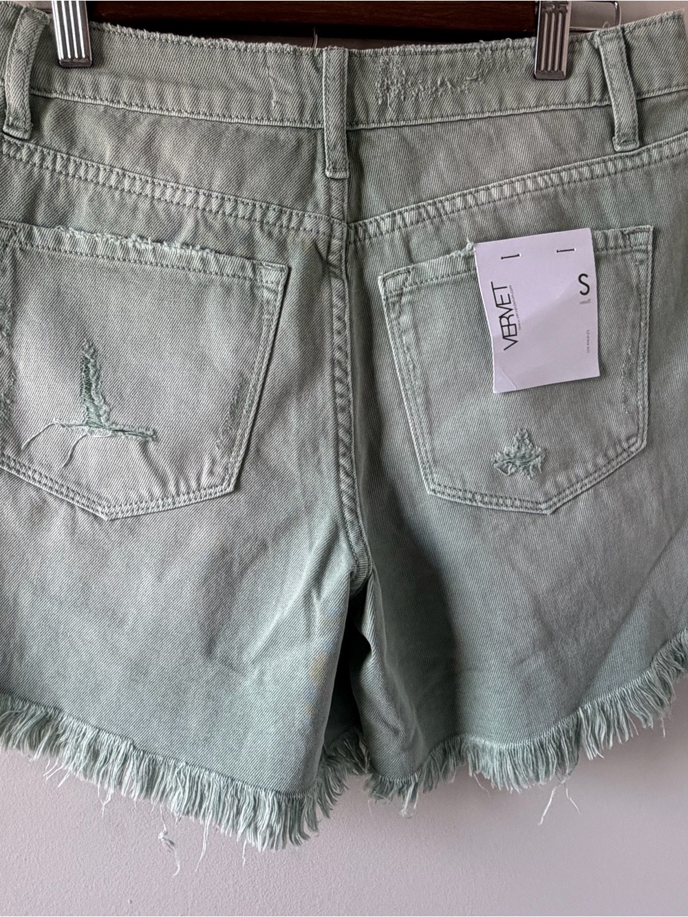 Vervet Sage Green Distressed Denim Shorts Size Small | Raw Hem High Rise| NWT - Picture 3 of 14